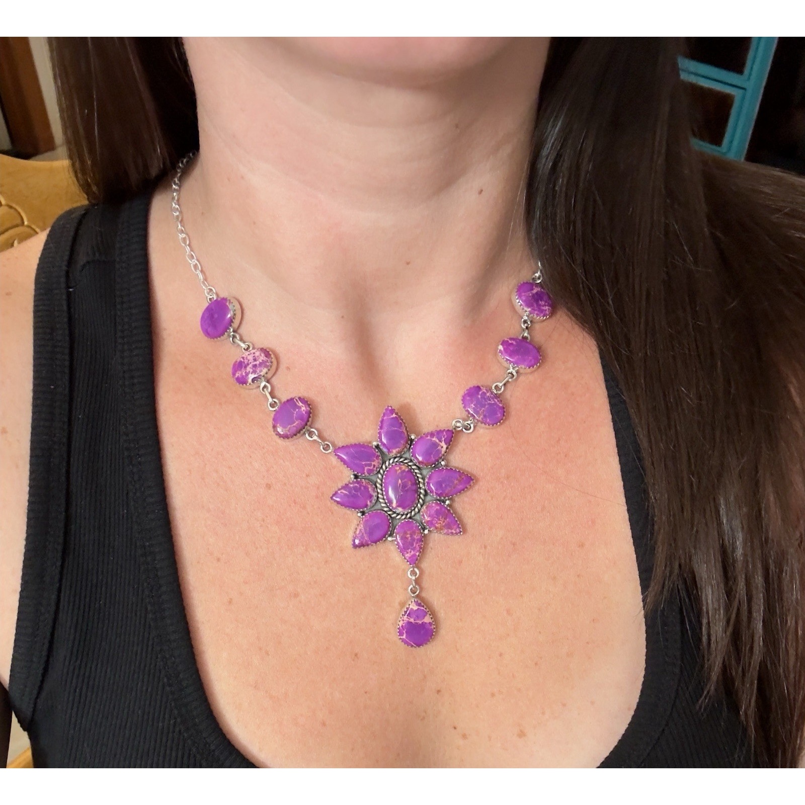 Native American Sw Sterling Silver Purple Jasper Huge Cluster Necklace Lariat